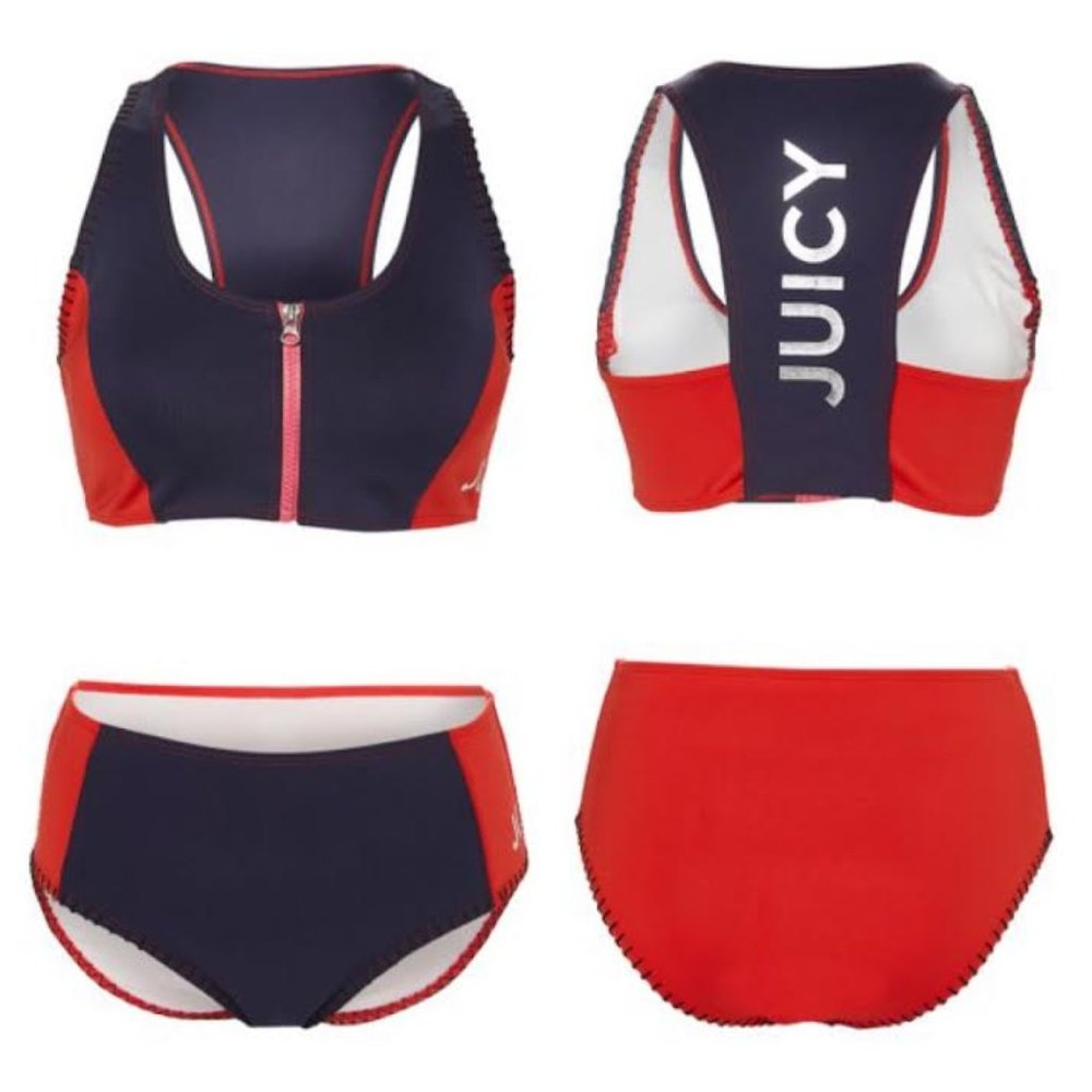 NWT  $98 JUICY COUTURE Women S  Navy Red Silver LOGO Zip-Front Sporty Bikini Set